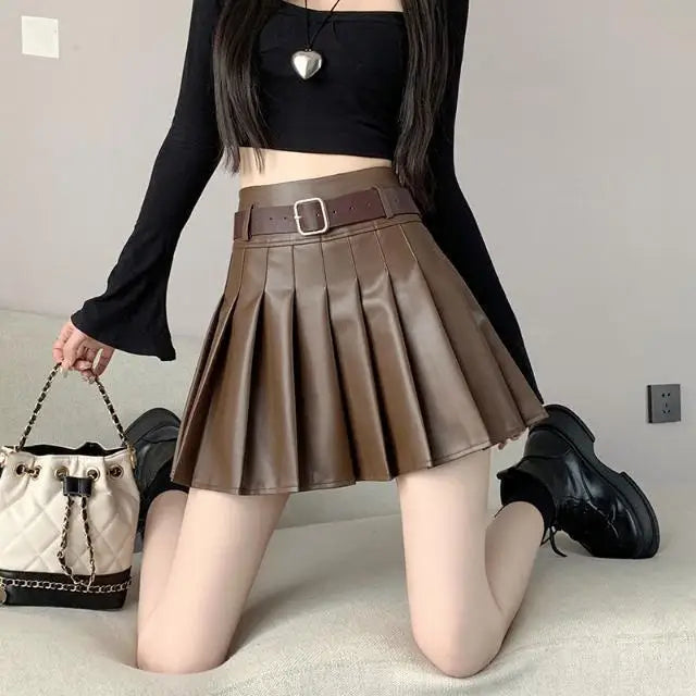 Women’s Pleated PU Mini Skirt with Belt – High-Waist, A-Line
