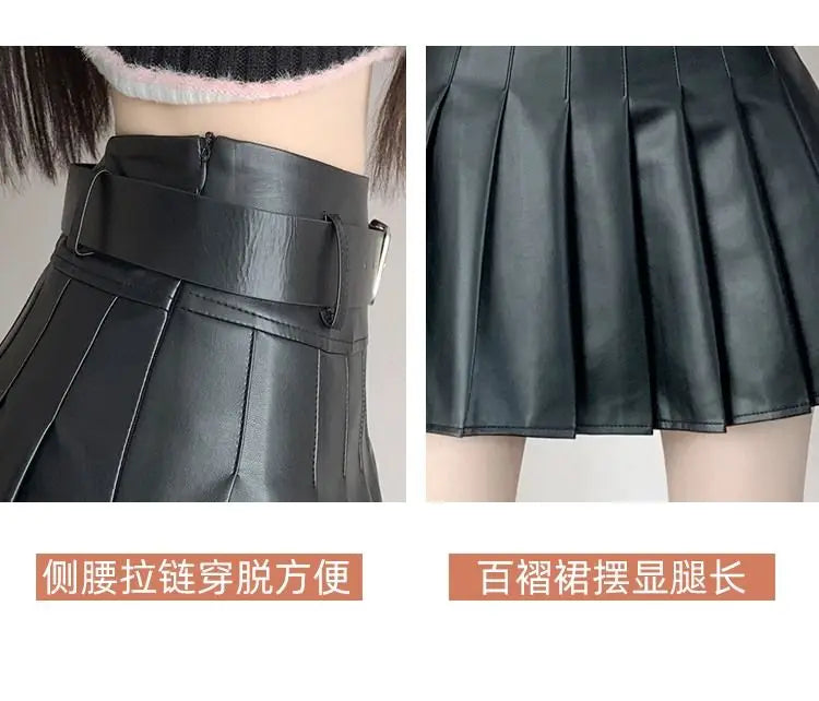 Women’s Pleated PU Mini Skirt with Belt – High-Waist, A-Line