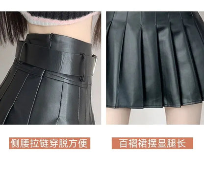 Women’s Pleated PU Mini Skirt with Belt – High-Waist, A-Line