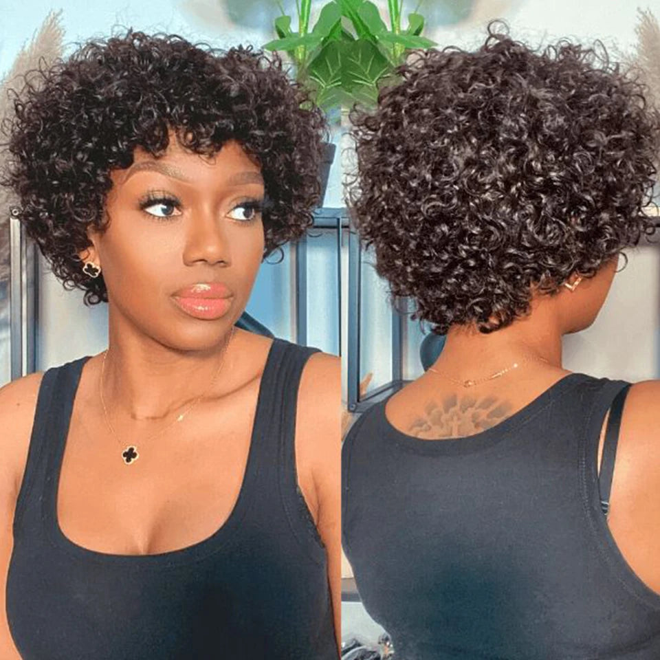 Short Curly Human Hair Wig with Bangs – Natural Brown Pixie Style
