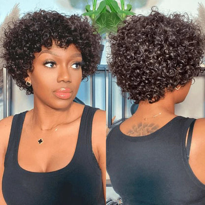 Short Curly Human Hair Wig with Bangs – Natural Brown Pixie Style