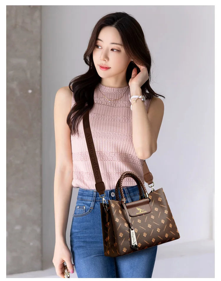 Elegant Pattern Tote – Kangaroo Brown Shoulder Handbag with Braided Handle