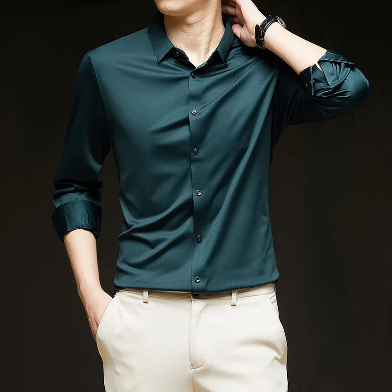 Men’s Ultra-Stretch Long-Sleeve Shirt – Silky Feel, Smart Casual Fit