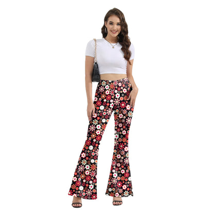 Women’s 70s Floral Bell Bottom Pants – High – Waist Flare Trousers – Brown-peace – XL