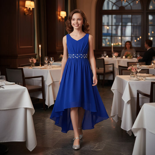 Blue dress with a decorative waistband on a white background