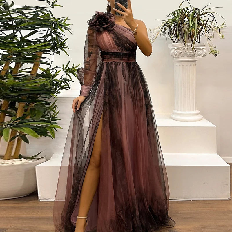 Women’s Asymmetrical One-Shoulder Evening Gown – High Waist, Mesh Overlay
