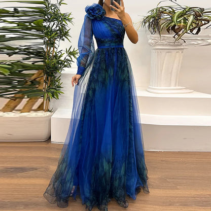 Women’s Asymmetrical One-Shoulder Evening Gown – High Waist, Mesh Overlay