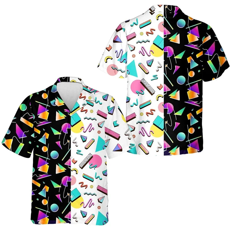 Men’s Retro Geometric Print Button-Up Shirt – 80s Theme Night