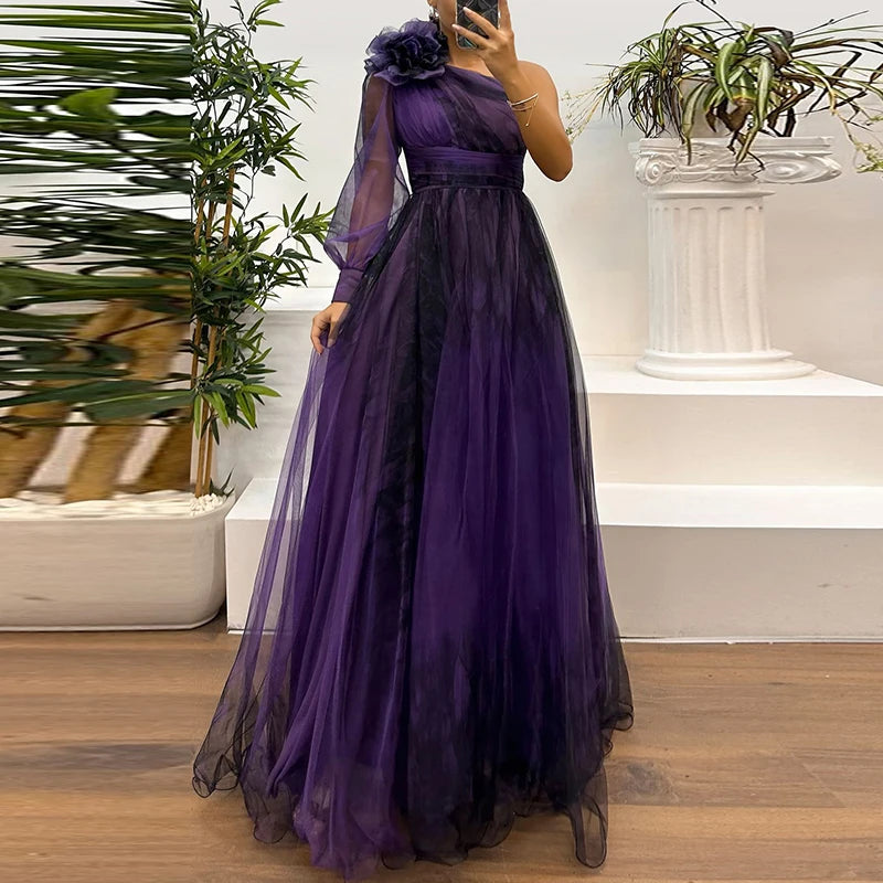 Women’s Asymmetrical One-Shoulder Evening Gown – High Waist, Mesh Overlay
