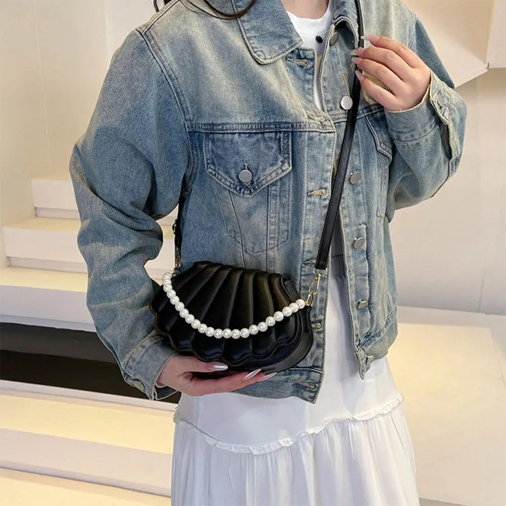 Shell-Shaped Crossbody Bag – Pearl Trim, Compact Chic