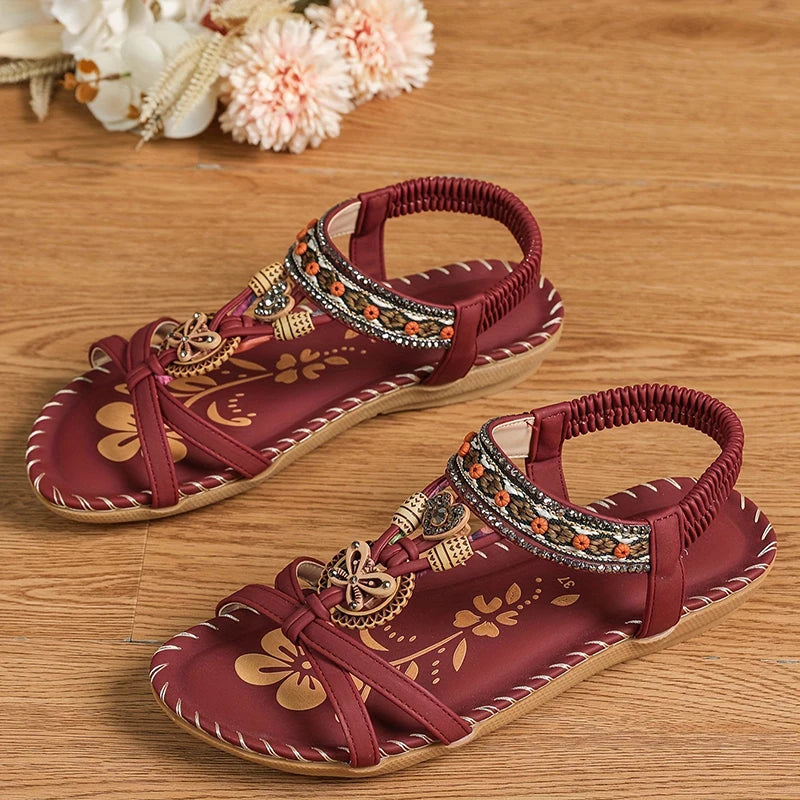 Women’s Boho Beaded Strap Sandals – Casual Summer Walking Shoes