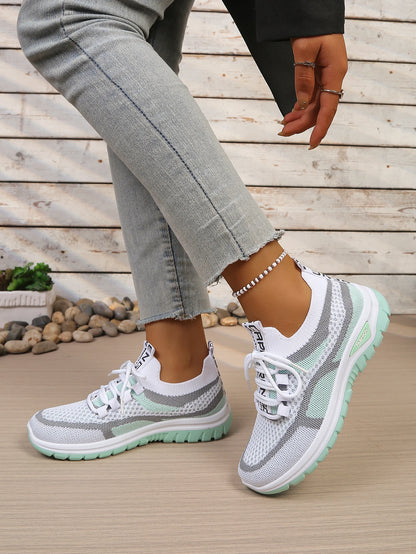 Women’s Lightweight Patchwork Lace-Up Sneakers – Casual Travel Walking Shoes
