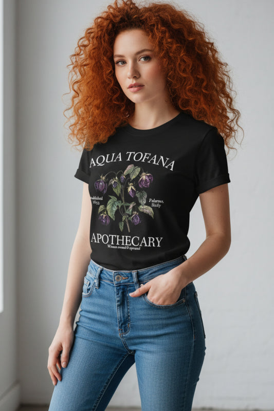 Black t-shirt with 'Aqua Tofana Apothecary' design on a white background