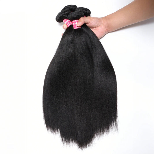 Black hair extensions held by a hand with a white background, featuring the UNICE brand.