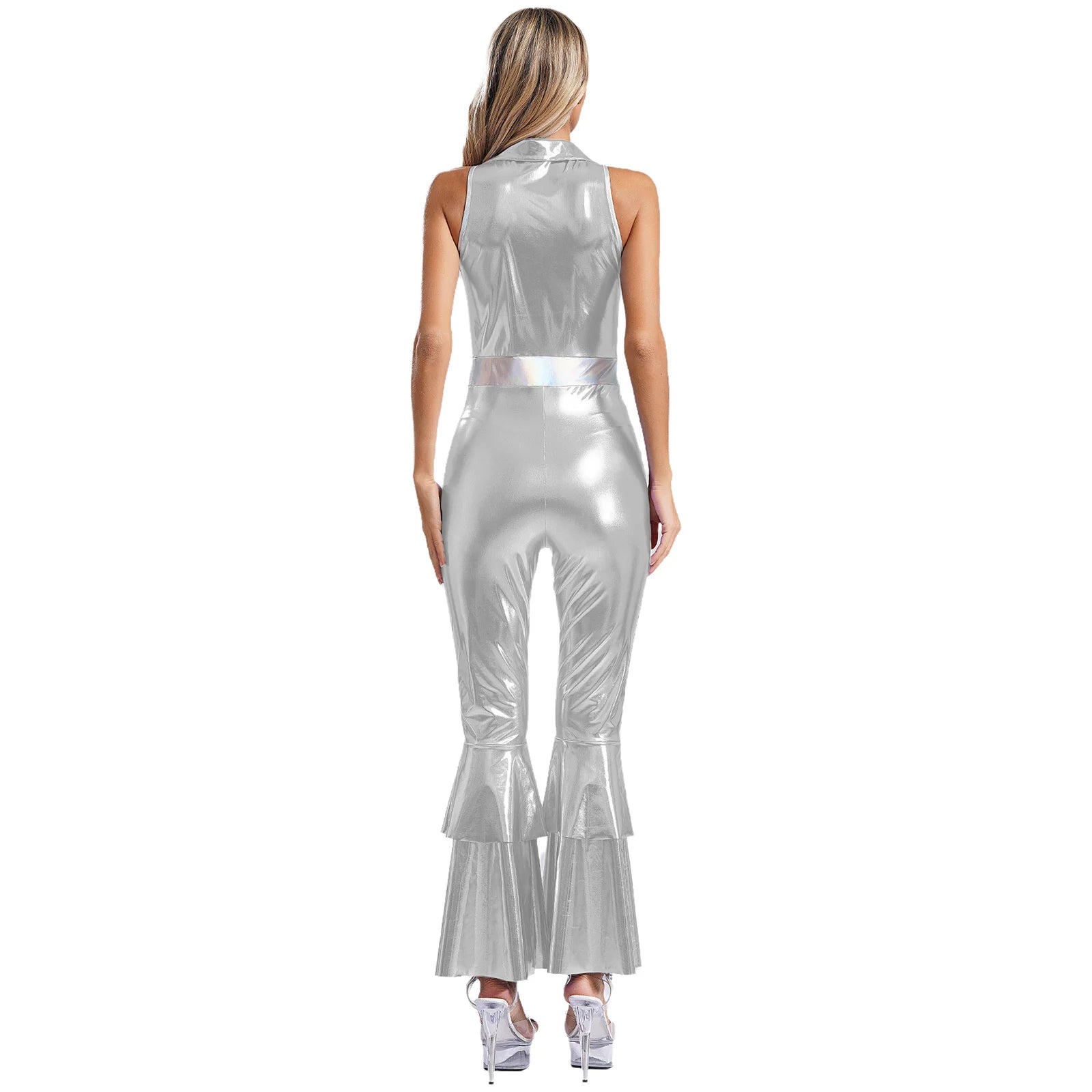 Women’s 70s Metallic Disco Jumpsuit – Sleeveless High – Waist Flared Costume – Hot Pink – L