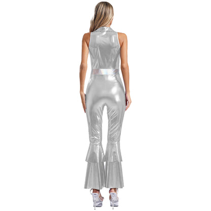 Women’s 70s Metallic Disco Jumpsuit – Sleeveless High – Waist Flared Costume – Hot Pink – L