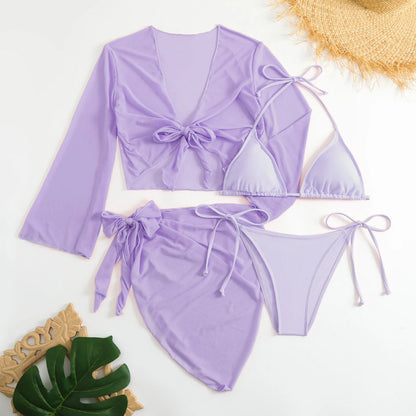 Women’s 4-Piece Wrap Bikini Set with Mesh Skirt