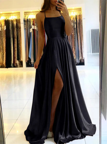 Women’s & Teens Satin Maxi Dress – Adjustable Straps & Side Slit