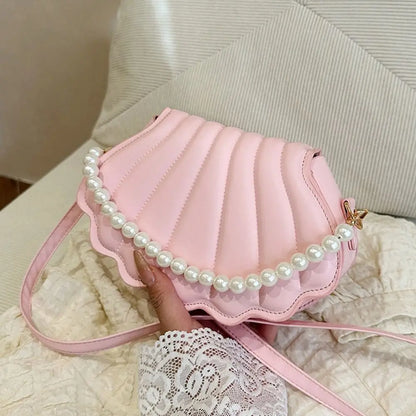 Shell-Shaped Crossbody Bag – Pearl Trim, Compact Chic