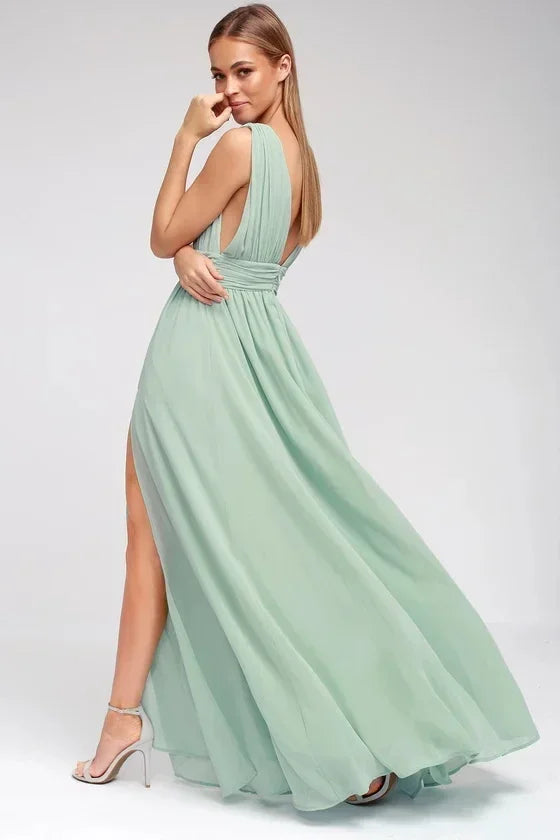 Backless Deep-V Chiffon Maxi Dress – Flowy Slit Evening Gown
