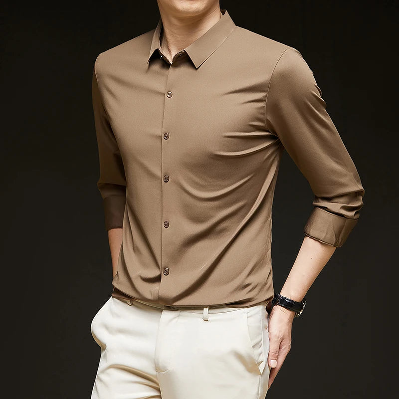 Men’s Ultra-Stretch Long-Sleeve Shirt – Silky Feel, Smart Casual Fit