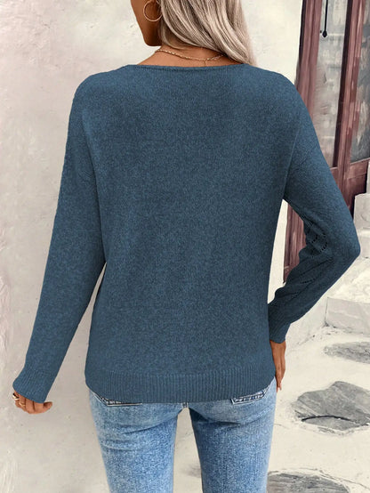 Women’s V-Neck Knit Sweater – Hollow-Out Design, Medium Stretch, All-Season Comfort