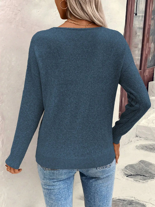 Women’s V-Neck Knit Sweater – Hollow-Out Design, Medium Stretch, All-Season Comfort