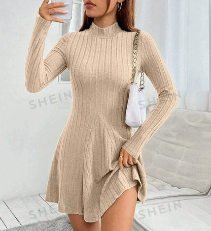 Women’s Ribbed A-Line Knit Mini Dress – Long Sleeve, Mock Neck, Slim Fit