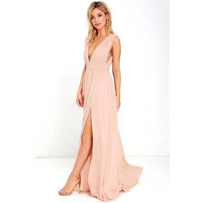 Backless Deep-V Chiffon Maxi Dress – Flowy Slit Evening Gown