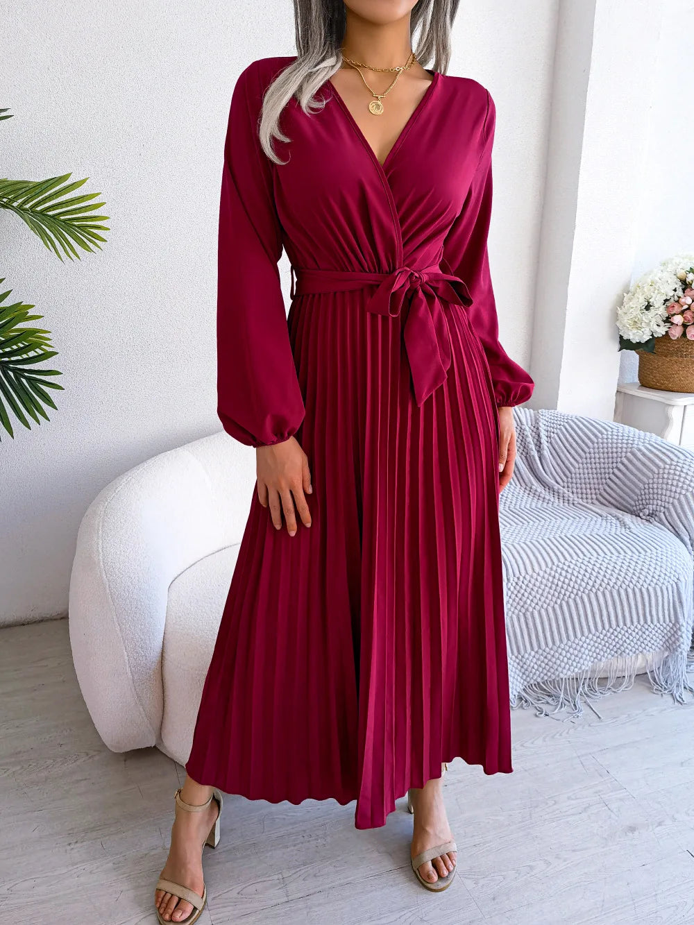 Women’s Pleated V-Neck Maxi Dress – Long Sleeve, Belted Waist