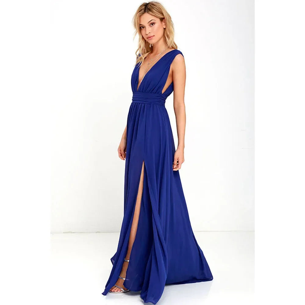 Backless Deep-V Chiffon Maxi Dress – Flowy Slit Evening Gown