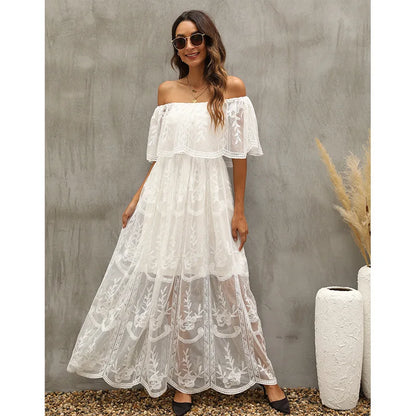 Women’s Embroidered Lace Maxi Dress – Elegant White Boho Beach Style