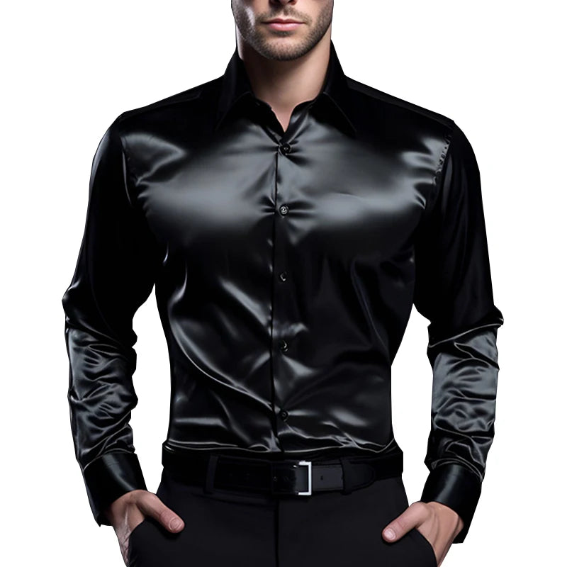 Black satin shirt worn by a person on a white background