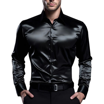 Black satin shirt worn by a person on a white background