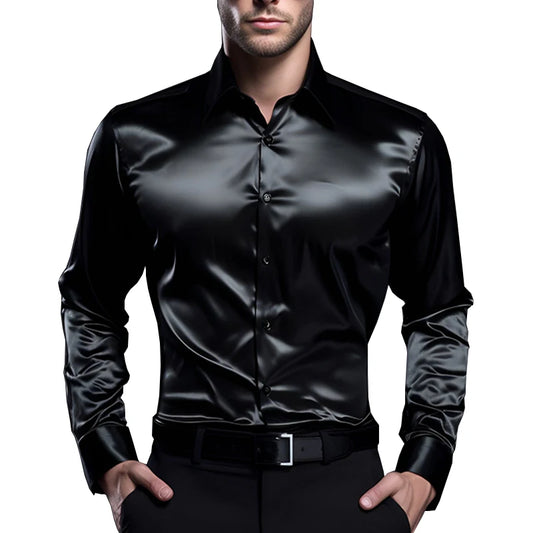 Black satin shirt worn by a person on a white background