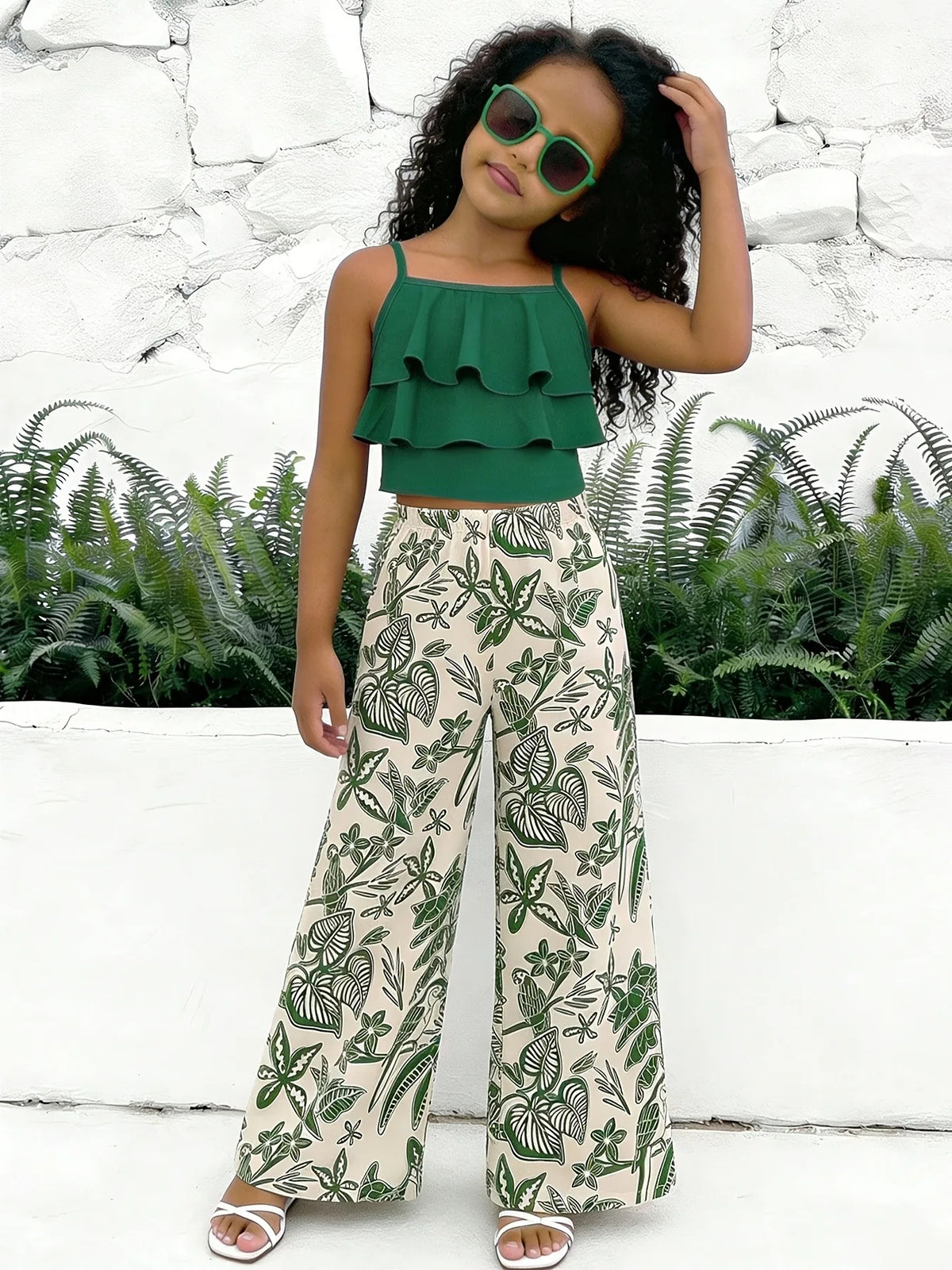 Girls' Tropical Ruffle Top & Palazzo Pants Set
