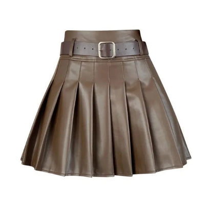 Women’s Pleated PU Mini Skirt with Belt – High-Waist, A-Line