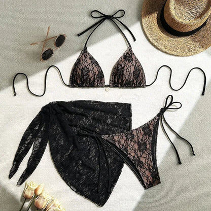 Women’s black lace triangle bikini set with matching sheer cover-up for beach and cruise wear