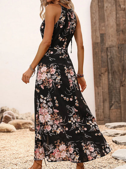 Women’s Floral High-Slit Halter Dress – Sleeveless, Summer Maxi
