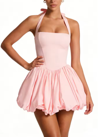 Women’s Halter Mini Dress – Sleeveless, Bubble Skirt, Tie-Back