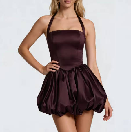 Women’s Halter Mini Dress – Sleeveless, Bubble Skirt, Tie-Back