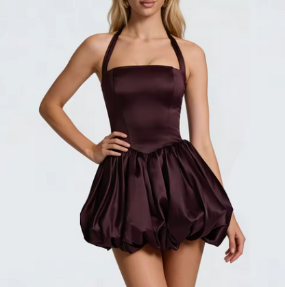 Women’s Halter Mini Dress – Sleeveless, Bubble Skirt, Tie-Back