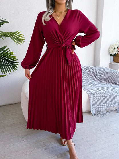 Women’s Pleated V-Neck Maxi Dress – Long Sleeve, Belted Waist