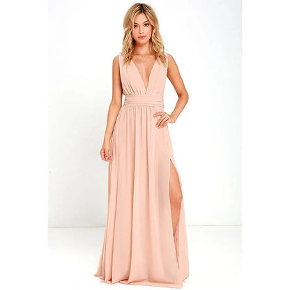 Backless Deep-V Chiffon Maxi Dress – Flowy Slit Evening Gown