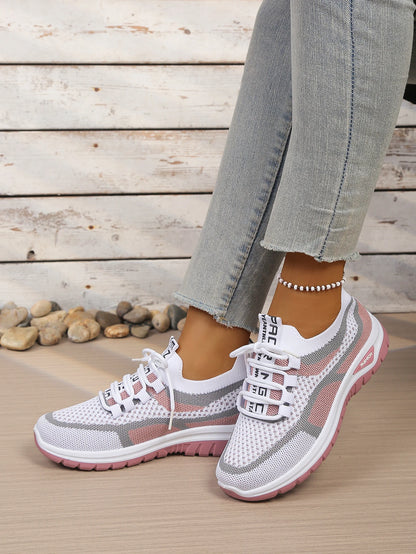Women’s Lightweight Patchwork Lace-Up Sneakers – Casual Travel Walking Shoes