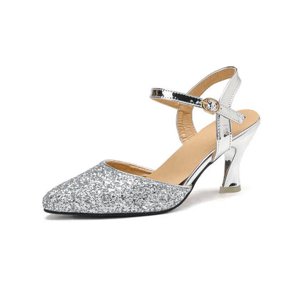 Women's Glitter Closed-Toe Kitten Heels with Ankle Strap