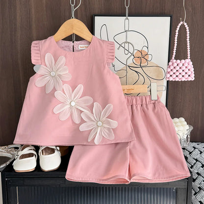 Girls’ 3D Flower A-Line Dress – Sleeveless, Knee Length