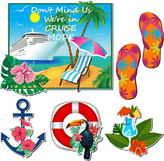 Set of cruise-themed magnets with flip-flops, anchor, toucan, and beach chair.