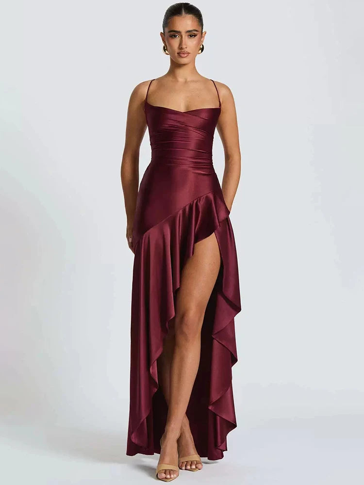 Women’s Satin Spaghetti Strap Maxi Dress – Ruffle Thigh Split, Backless