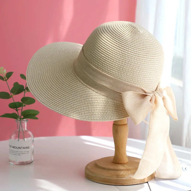 Women’s Wide Brim Straw Sun Hat – Bow Accent, UV Protection